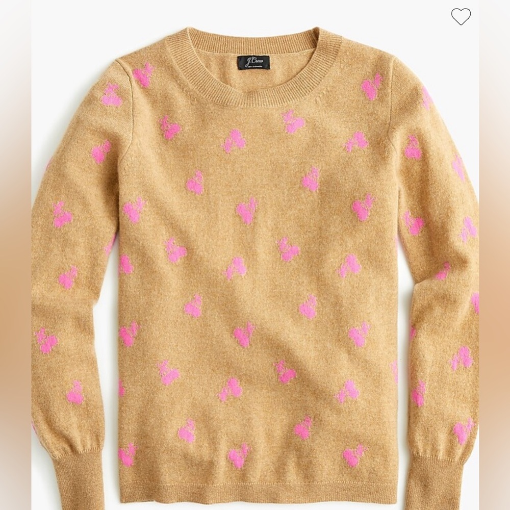 J.Crew cashmere cherry sweater: Medium Camel color with pink cherry 🍒 details.